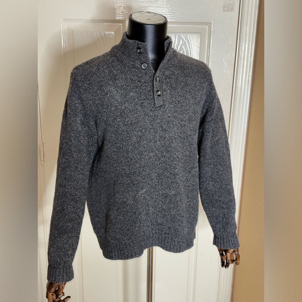LL Bean Mens LambsWool Sweater Dark Gray Henley Button Neck Knit Large